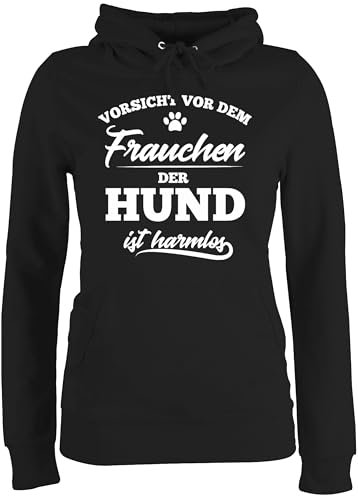 Pullover Damen Hoodie Frauen - Geschenk für Hundebesitzer - Vorsicht vor dem Frauchen der Hund ist harmlos - S - Schwarz - hundehoody hundepullover hundefan obacht Hoody Hunde pullis sprüche