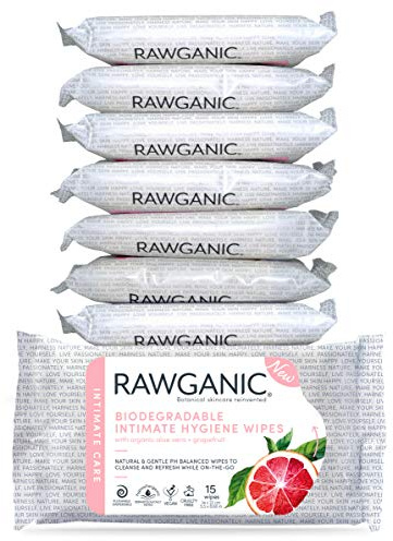 RAWGANIC Organic Intimate Hygiene Wipes | Hypoallergenic, Alcohol-Free, Fragrance-Free Flushable, Biodegradable Intimate Pre-Waxing Wipes | with Grapefruit and Aloe Vera (8 Packs)