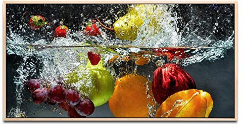 Obst und Gemüse in Wasser ca. 130x70cm Wandbild inklusive Schattenfugenrahmen naturfarbend - Panorama Leinwand Bild XXL Format Wandbilder Wohnzimmer Wohnung Deko Kunstdrucke