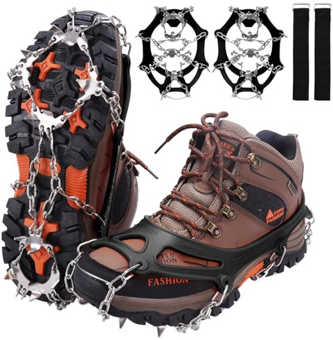 WIN.MAX Steigeisen Grödel Eisspikes, Schuhkrallen mit19 Edelstahl Zähne Spikes Schuhkrallen Grödeln Eisspikes für Klettern Bergsteigen Trekking High Altitude Winter Outdoor (Schwarz, XL)