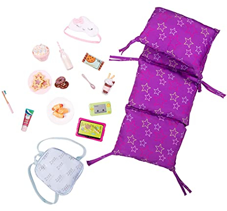 Our Generation – Schlafsack faltbar – Schulrucksack – 46 cm Puppenzubehör – Fantasiespiel – Spielzeug für Kinder ab 3 Jahren – Pyjamaparty Süße Träume