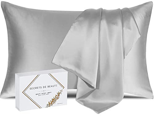 Taie d'oreiller 100% Soie Naturelle de mûrier 25 Momme Qualité supérieure Grade 6A sans Produit Chimique,Bio- Peau Sensible,Cheveux Afro,Bouclés,Gras,Antichute Cadeau (Gris, 50x75cm)