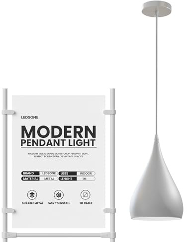 LEDSone E27 Pendelleuchte, moderne tropfenförmige Lampe, hängende Deckenleuchte aus Metall, Pendelleuchte, 16 cm breit, Lampe 95 cm, Textilkabel, verstellbar, für Schlafzimmer, Esszimmer (Weiß)