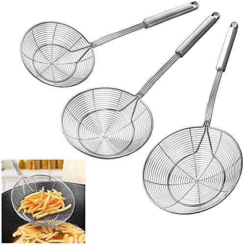 KEISSCO Edelstahl Spinnensieb Skimmerlöffel zum Braten und Kochen – 3er Set massiver Draht asiatischer Sieb Schöpfkelle Nudelsieb mit langem Griff, Professionelle Küche Skimmer Schöpfkelle