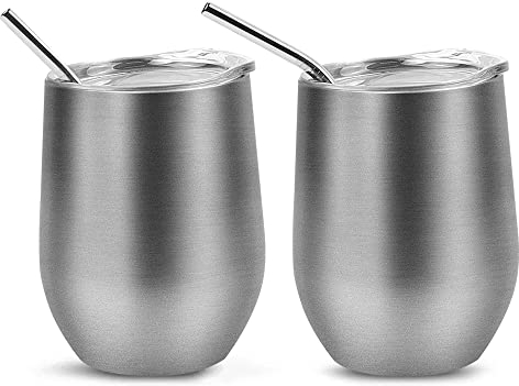 QUTHZZHY 2 Stück Weinbecher Edelstahl, Weinbecher To Go Edelstahl, 12 OZ Weinbecher mit Deckel, Weinbecher To Go mit Strohhalm, Doppelwandig Weinglas, für Wein Kaffee Champagner Cocktails Heißgetränke