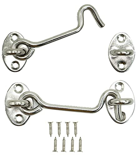 SZXMDKH 2 PCS 4 Inch Stainless Steel Cabin Hook and Eye Latch Lock Heavy Duty Gate Metal Door Latches for Internal Doors Brace Patio Window Cabinet Wooden Gates Shed, Sliver
