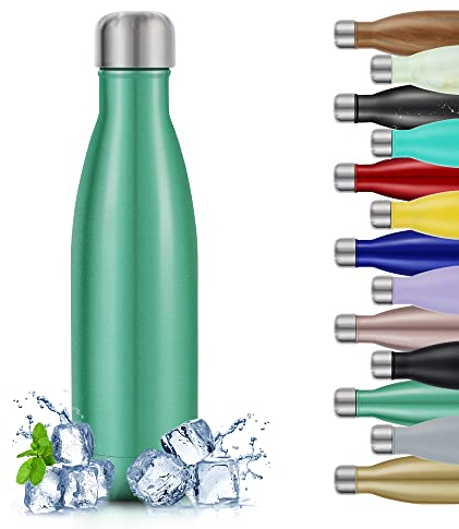 TITIROBA Botella de agua de acero inoxidable, 500 ml, aislada al vacío, a prueba de fugas, botella de aislamiento, sin BPA, 24 horas de frío y 12 horas de color verde menta brillante