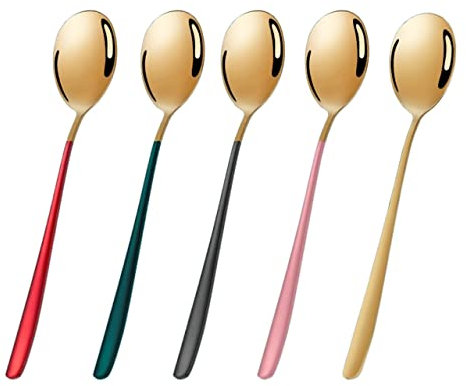 Spoon Household Five-pack Rice Spoon Long Handle Spoon Dessert Spoon Spoon Golden Silver Beautiful Spoon Flatware (Size : Five colors, Color : Gold Spoon Head)