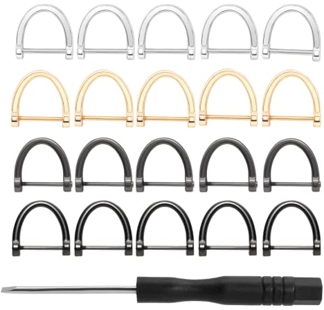 Rierdge D-Ringe, 20 Stück U-Form D-Ring 17 mm Innenbreite Schraubbügel Halbkreis mit kleinem Schraubendreher, Hufeisenform D-Ring für DIY Leder, Gold + Silber + Matte Gun Black + Bright Gun Black