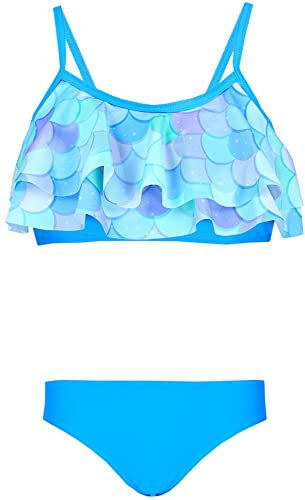Aquarti Mädchen Bikini Set Bustier Bikinislip Zweiteiliger Badeanzug, Farbe: 030G mit Rüschen/Meerjungfrau Blau/Grün/Violett, Größe: 146