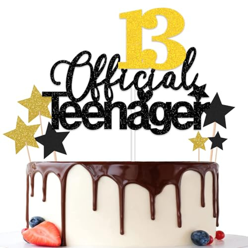 Gidobo Official Teenager 13 Cake Toppers, Black Gold Glittery Cake Decorations with Stars, Thirteen Years Old Birthday Party Supplies for Boys and Girls