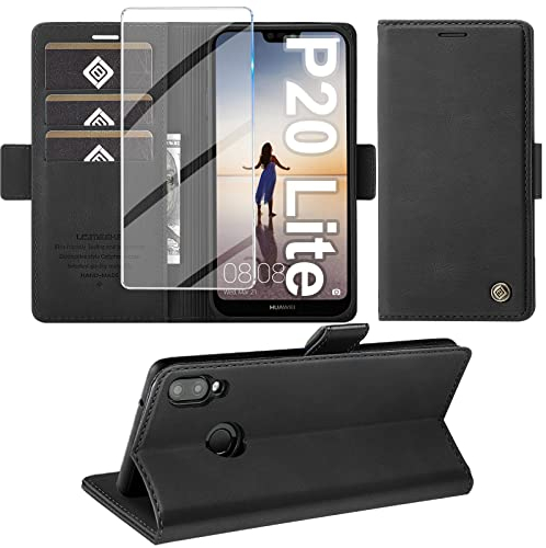 Giyer Handyhülle für Huawei P20 Lite Mit Displayschutzfolie, PU Leder Wallet Flip Case Cover, Standfunktion, Kartenfach, Klapphülle Lederhüllen (Schwarz)