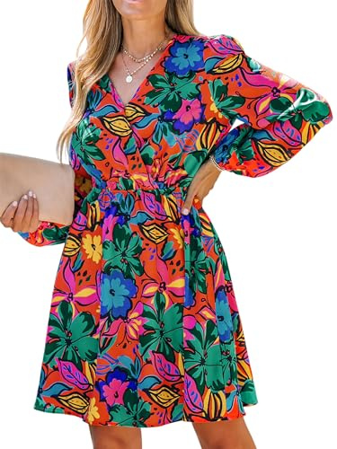 CUPSHE Women's V Neck Floral Print Long Sleeve Mini Chiffon Dress Casual Elastic Waist A Line Short Dress