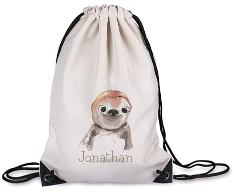 timalo® Kinder Turnbeutel personalisiert mit Namen | Sportbeutel bedruckt | süße Tiermotive | Kindergarten Stoffbeutel Geschenke Mädchen Jungen | 20- Faultier
