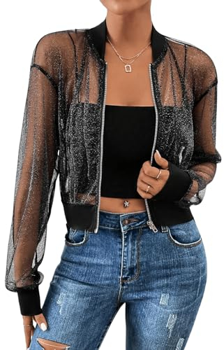 GORGLITTER Mesh Jacke Damen Transparent Jacke Mit Reißverschluss Durchsichtig Netzstoff Jacke Leichte Jacke Glitzer Schwarz L