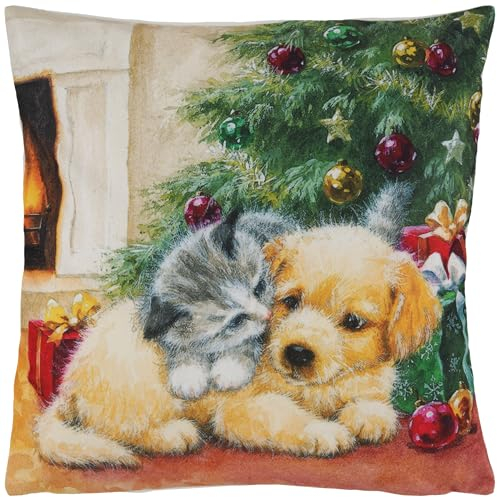 Espamira Kissenhülle Weihnachten 40x40 Katze Hund Kissenbezug Dekokissen Advent Kissen Stoff Weich Bedruckt Eckig Reißverschluss 100% Polyester