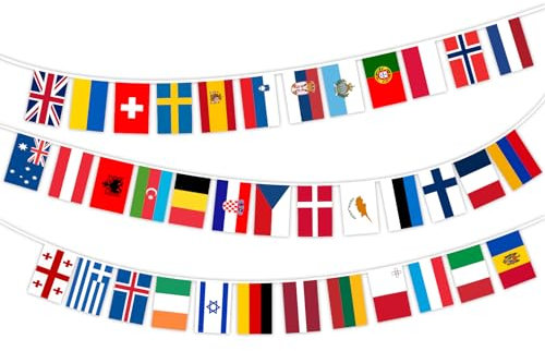 Eurovision Party Decorations Bunting Banner - 10m Eurovision 2025 37 European Flags Bunting 2025 Eurovision Song Contest Decorations for Indoor Outdoor Garden Bar Restaurant,Eurovision Party Supplies