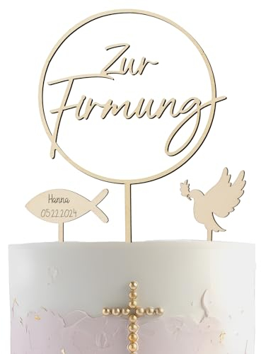 COLOFALLA Firmung Deko: 3-teiliger Kuchen Topper aus Holz mit Taube und Fisch, Bunt, 22x32 cm
