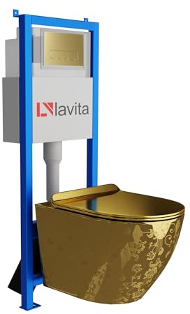 Lavita LAV 101 Vorwandelement für WC 40cm + Wand Hänge Tiefspül WC SOFI SLIM GOLDEN EYE Spülrandlos + Bedienplatte LAV 200.3.5 Gold | Komplettset | Unterputz Spülkasten | Toilette Komplett Sett