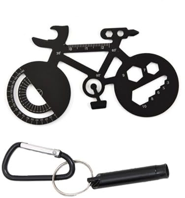 CLKE Outil Multifonction Vélo 7 en 1,Porte Cle Velo avec Siffler,Multitool Velo Compact en Alliage d'Aluminium,Petit Couteau, Rapporteur, Règle Métrique,Ouvre Bouteille Velo(Noir)