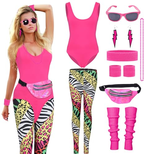 Raveparty 90er 80er Jahre Outfit Damen, Aerobic Outfit 80er Damen, 80er Jahre Accessoire, Karneval Kostüm Damen, für 80er Neon Accessoires Thema Party Karneval Damen (Rot, L)