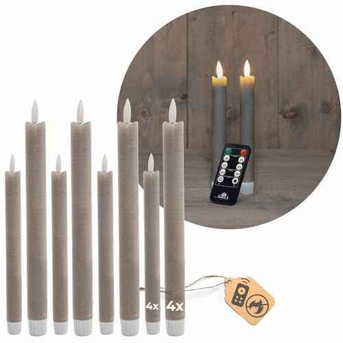 Sparset Stabkerzen LED mit Timer Klein+Groß TAUPE GRAU 8 Stück indoor - 6 Stunden ECHTWACHS 18cm+23cm Höhe für Kerzen 2,2cm Durchmesser 2 AAA Batterien notwendig LED Stabkerzen flackernde Flamme