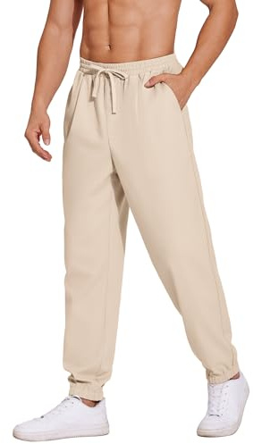 COOFANDY Pantalones largos de lino para hombre, ligeros, pantalones de verano con goma elástica, pantalones de playa para hombre, pantalones de ocio, corte holgado