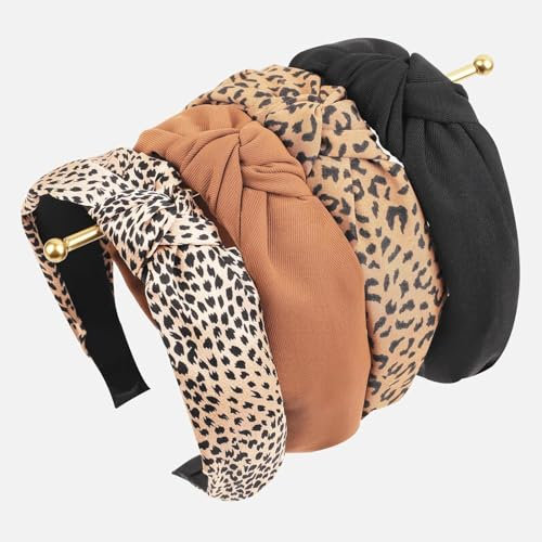 Hebterrka Lot de 4 bandeaux pour femme - Antidérapants - Tendance - Bandeau pour cheveux - Joli bandeau pour cheveux pour femme - Nœud large - Serre-tête léopard