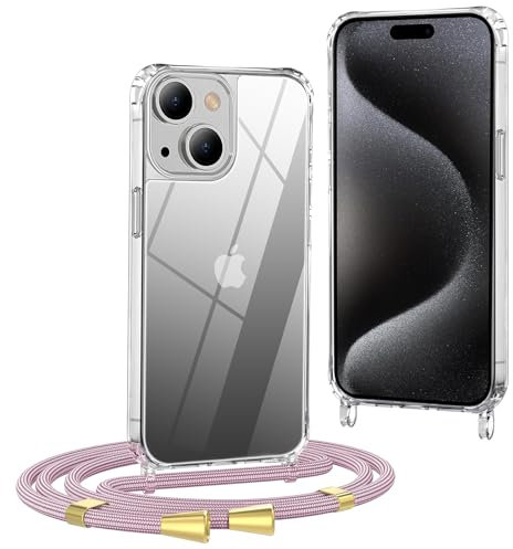 OLEPHY Handykette kompatibel mit iPhone 15 Hülle mit Band (6,1 Zoll), Handyhülle mit Verstellbarem und Demontage Umhängeband, Transparent Stoßfeste Schutzhülle zum Umhängen Kordel, Roségold