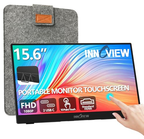 InnoView Portable Monitor Touchscreen 15.6 1080P 10-Point Touch Screen Monitor Portable with Protective Sleeve Built-in Stand, 1200:1 HDMI USB C Travel Monitors for Laptop, PC, Phone