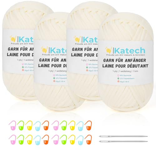 Katech Häkelgarn für Anfänger, 1-Wollstrang Kein Geteiltes Wolle zum Häkeln von Tier Untersetzer, Häkel- & Strickgarn, Dicke Wolle zum Stricken, 4 * 50g Dickes Garn Baumwolle zum Häkeln, Weiß