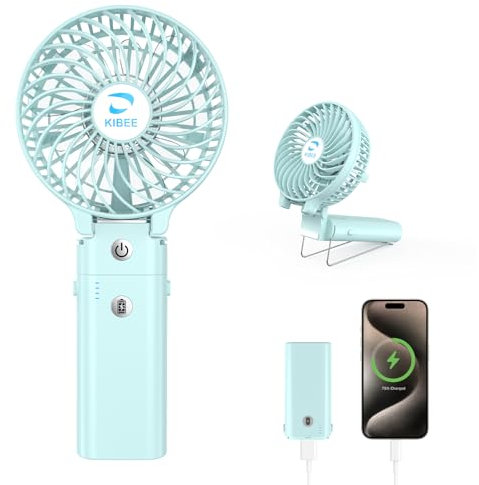 KIBEE 5200mAh Portable Fan, Foldable Handheld Mini, USB Rechargeable Personal [20H Max Runtime], 2-in-1 Small Fan & Power Bank, 3 Speeds with Stand for Travel, Summer, Gifts for Women, Girls - Blue