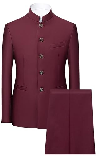 Men 2 Pieces Chinese Tunic Suit Mandarin Collar Blazer Set Button Jacket Pant Set Traditional Uniform Groom Dress (wine redA1,X-Large)