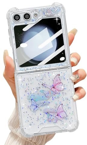 UEEBAI Transparent Coque pour Samsung Z Flip 7 FE/Z Flip 6/Z Flip 5 5G, Silicone Étui en Ultra Léger et Mince Housse de Téléphone en Motif de Papillon Antichoc Bumper Cover pour Filles Femme - Rose