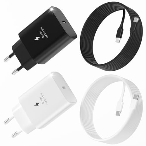 25W Ladegerät USB C 2 Pack, YSYFAD PPS-Schnellladegerät USB C Stecker Fast Charger mit 2 Meter Ladekabel USB C Kompatibel mit Samsung Galaxy S24/S23/S22/Note20, i Phone 15 /i Pad Pro, Schwarz Weiß