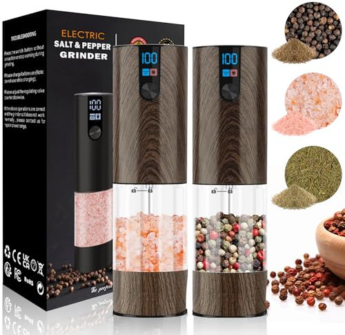 Salz und Pfeffermühlen Elektrisch 2er Set (LED-Display, Wiederaufladbar, Einstellbare Rauheit Keramikmahlwerk, 120ml große Kapazität) Gewürzmühle Elektrisch (Getreide)