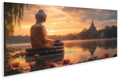 islandburner Bild auf Leinwand Buddha am See bei Sonnenuntergang ruhige Lotusblüten im Vordergrund Bilder Wandbilder Poster