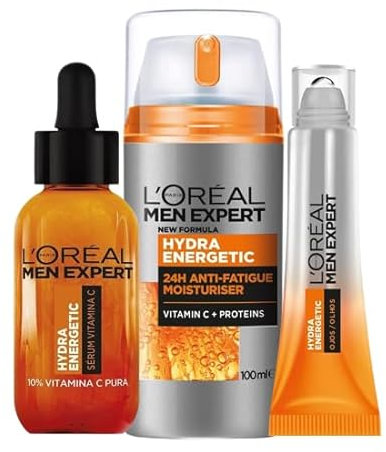 Rutina L'Oréal Men Expert Crema Hidratante Anti-Fatiga 24h Hydra Energetic Crema Facial 100 ml + Serum Vitamina C Anti-fatiga 30 ml + Contorno de ojos roll-on 10 ml