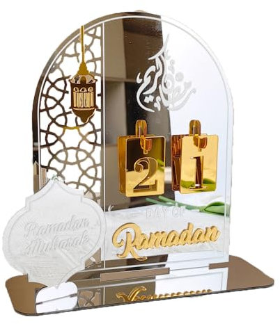 Ramadan Kalender, Acryl Eid Mubarak Countdown Kalender, Ramadan Mubarak Adventskalender Ramadan Tischornament für Zuhause Islamische muslimische Party Dekor Geschenke (Silber)