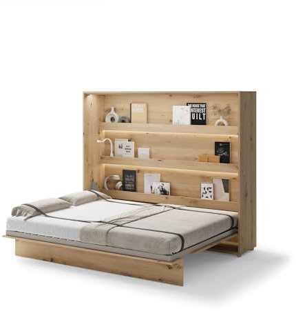 Friderik Bed Concept BC-14 Wandklappbett Horizontal Schrankbett mit Matratze und mit LED-Beleuchtung, 160x200 cm (Artisan-Eiche)