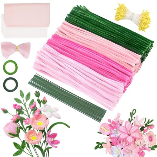 MOTONG 400 Stück Pfeifenreiniger zum Basteln-4 Farben Pfeifenputzer Rosa zum Chenilledraht, 360 Stück Staubgefäße 20 Stück Blumendraht zum Basteln mit Geschenkband Pfeifenputzer Blumen Set