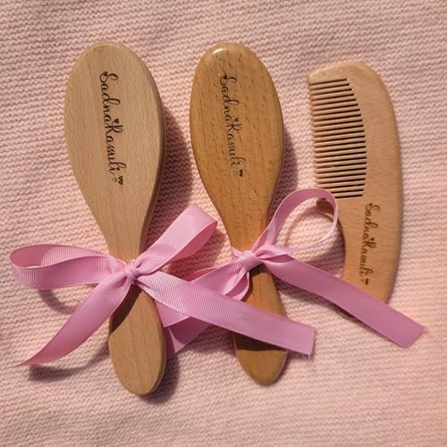 3er Set Baby Haarbürsten Set Mit Gravur, Personalisierte Babybürste Aus Holz, Personalisiertes Neugeborenen Geschenk Mädchen/Jungen, Osterkorbfüller, Taufe(B)