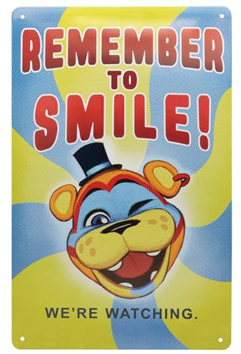 Five Nights at Freddy’s Tin Sign – Officially Licensed Horror Wall Art – “Remember to Smile, We’re Watching!” – Metal Collectible Décor for Gamers & Fans – 280 x 175mm