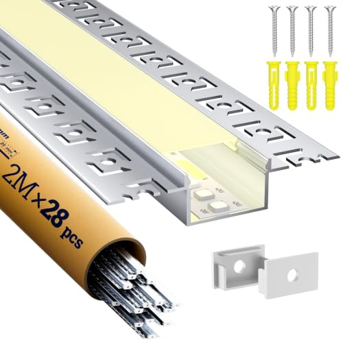 LASLUX Profilé Aluminium LED Aluminium 28 * 2m(56m) Profilé U-forme pour carrelage LED, Compact Finition Professionnelle avec Blanc Laiteux Couvercle,Embouts,Clips de Montage en Métal