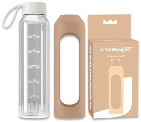 Wessper Bouteille en verre avec housse en silicone, bouteille en verre borosilicaté avec graduation 1 litre, bouteille de sport Idéale pour le fitness, l'école, le sport, les enfants - Beige