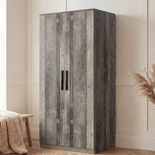 Blisswood 2 Door Wardrobe with Shelves & Hanging Rail Storage Cupboard Closet, Modern Large Storage Cupboard Double Wardrobe for Bedroom Furniture, 176H x 76W x 51D cm (Ash Grey)