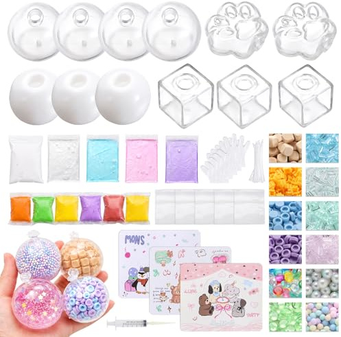 Lomantank DIY Stress Ball Making Kit, 12 TPR Skins in 4 Formen, 737.1 g Assorted Fillers, Slime, Clay, Vacuum Tool & Cable Ties, ASMR Squishy Maker for Handmade Stress Balls Creative Craft Gift