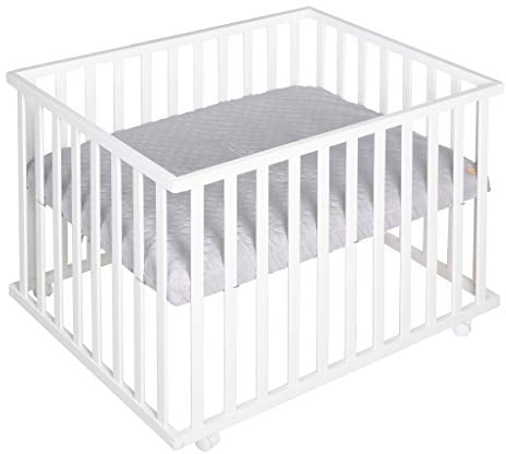 roba Laufgitter 75 x 100 cm - Baby Spielgitter + Einlage roba Style grau - 3-fach höhenverstellbar - Mobiler Laufstall mit Rollen - Holz weiß