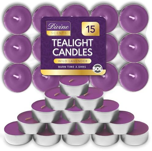 SOL 15pk Tea Light Candles Wild Lavenders – 3.5 Hour Burn Time, Scented Tea Lights Candles, Long-Lasting and Ideal Home Decor, Relaxation, Romantic Dinners, Weddings, Cosy Evenings & Special Occasion