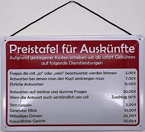 Blechschild mit Kordel 30 x 20 cm Preistafel für Auskünfte - Blechemma